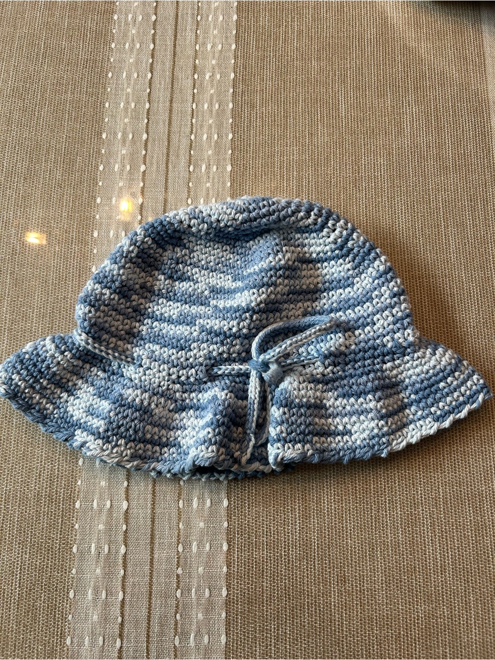 Hand-Crocheted Blue Stripe Bucket Sun Hat with Bow